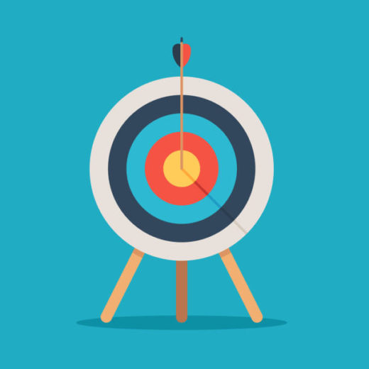 Target with arrow in the center, standing on a tripod. Goal achieve concept. Vector illustration isolated on blue background